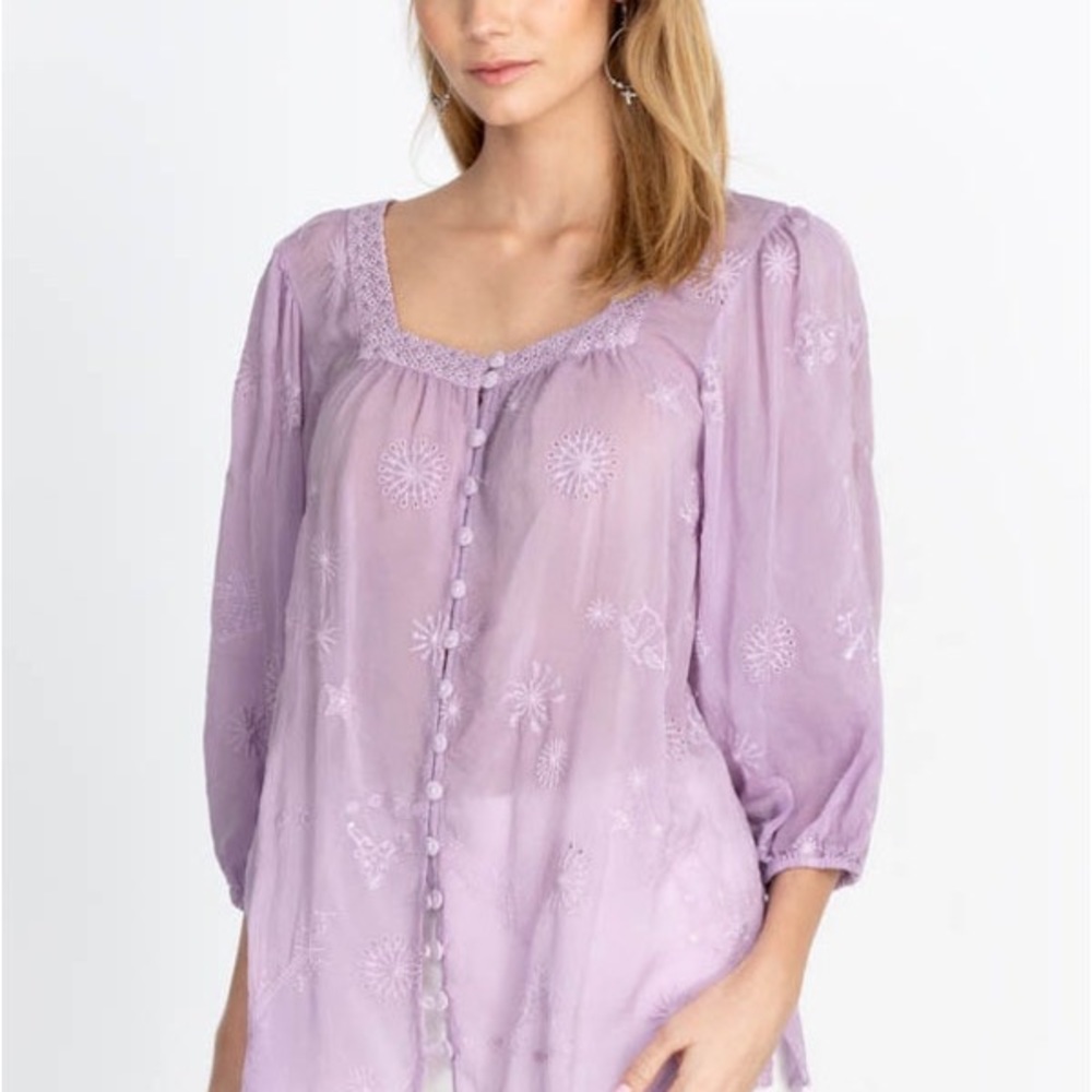 NEW $335 Johnny Was XS ‘Celestin Eris’ Purple Eyelet 3/4” Sleeve Button Top